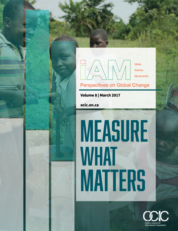 iAM Volume 8: MEasure What Matters. Background Photo: Boys pumping water, with green and gray bars superimposed.