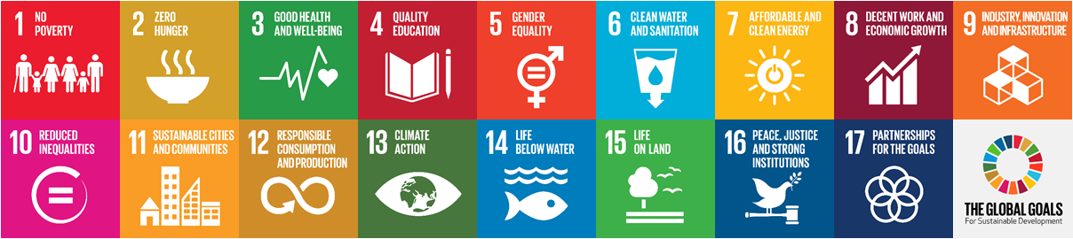 SDG Icons in two rows. Top Row, l-r: 1 No Poverty, 2 zero hunger, 3 good health and well being, 4 quality education, 5 gender equality, 6 clean water and sanitation, 7 affordable and clean energy, 8 decent work and economic growth, 9 industry, innovation and infrastructure. Bottom row, l-r: 10 reduced inequalities, 11, sustainable cities and economies, 12 responsible consumption and production, 13 climate action, 14 life below water, 15 life on land, 16 peace, justice and strong institutions, 17 partnerships for the goals, Global Goals wheel icon