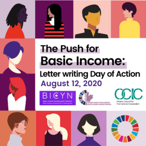 Nine illustrated portraits of youth with colorful backgrounds and overlaying text that says The Push for Basic Income: Letter Writing Day of Action