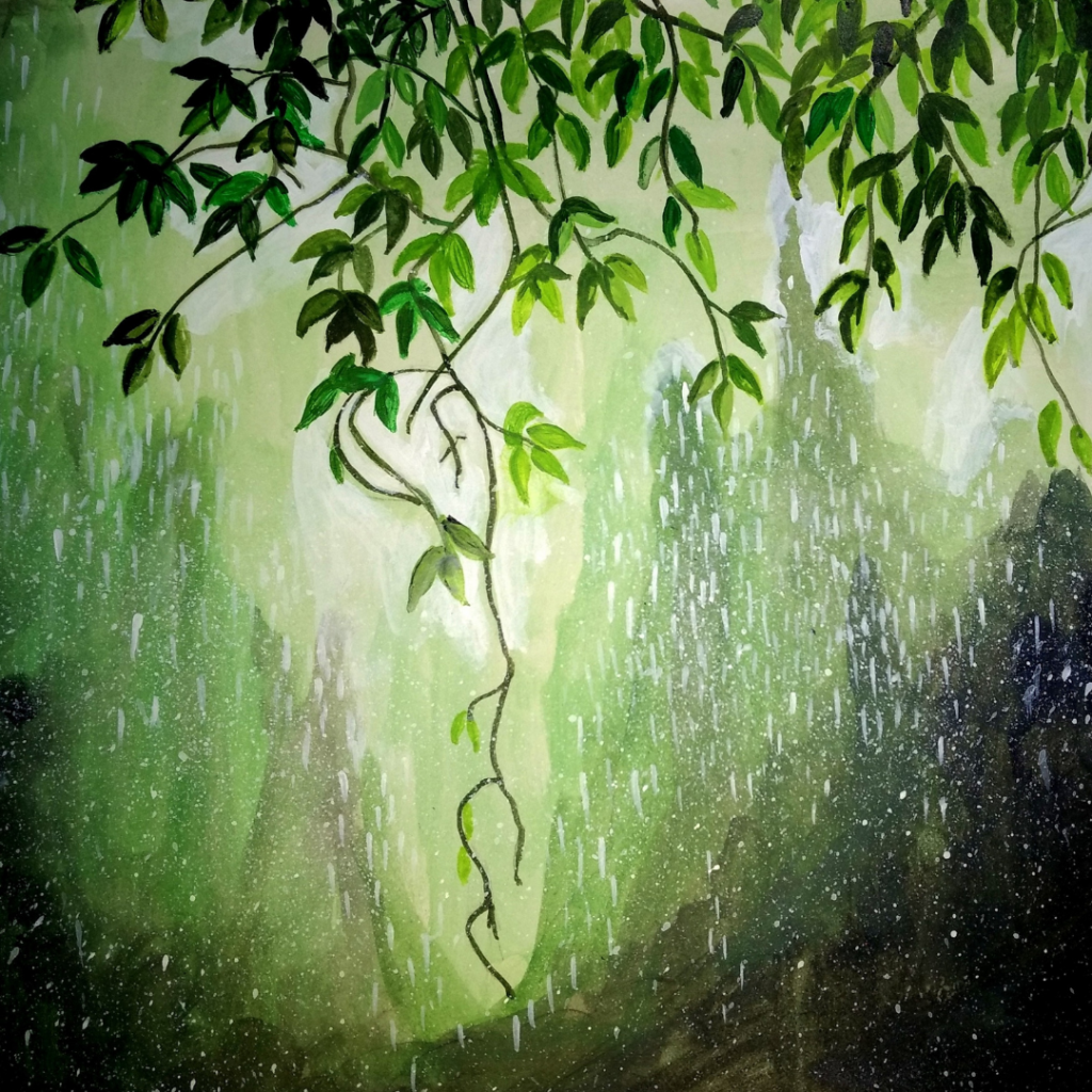 A painting in green hues that shows rain following around vines and leaves.
