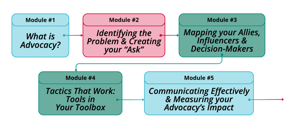 Module #1 – What is Advocacy?
Module #2 – Identifying the Problem & Creating your “Ask”
Module #3 – Mapping your Allies, Influencers & Decision-Makers
Module #4 – Tactics That Work: Tools in Your Toolbox
Module #5 – Communicating Effectively & Measuring your Advocacy’s Impact