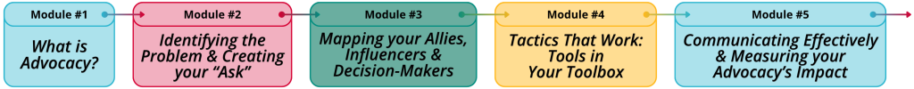 Module #1 – What is Advocacy?
Module #2 – Identifying the Problem & Creating your “Ask”
Module #3 – Mapping your Allies, Influencers & Decision-Makers
Module #4 – Tactics That Work: Tools in Your Toolbox
Module #5 – Communicating Effectively & Measuring your Advocacy’s Impact